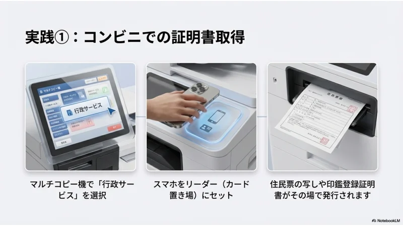 コンビニのマルチコピー機で住民票を取得するイメージ