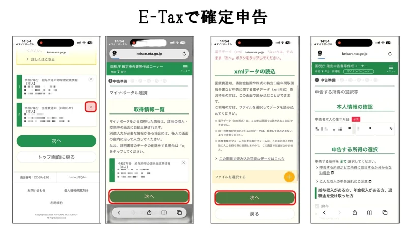 マイナポータル連携による給与情報や医療費情報の自動取得確認画面