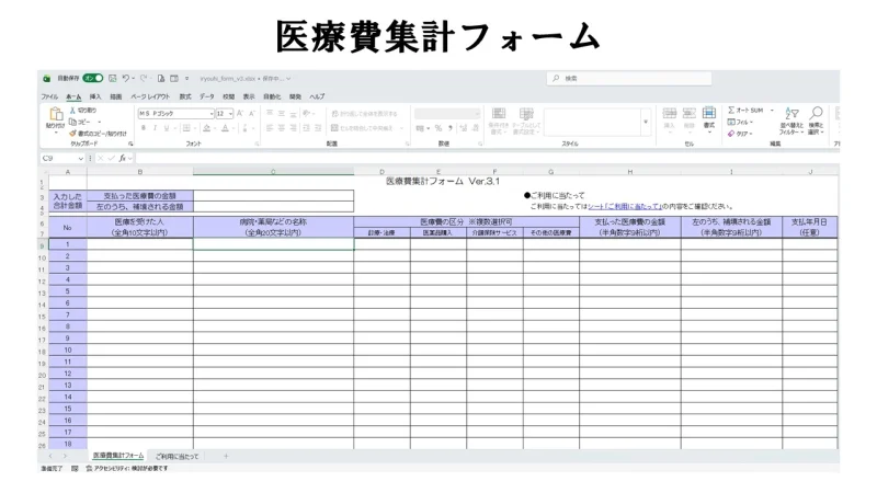 ダウンロードした医療費集計フォーム（Excel形式）の入力画面