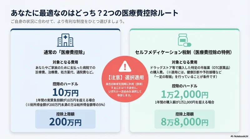 通常の医療費控除とセルフメディケーション税制の比較イメージ