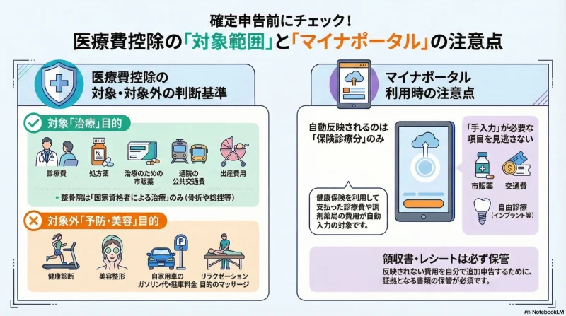 医療費控除を申告する際の対象外費用や領収書保管などの注意点イメージ