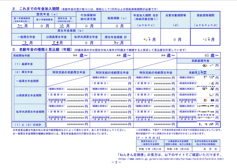 マイナポータルからダウンロードしたねんきん定期便の裏面イメージ