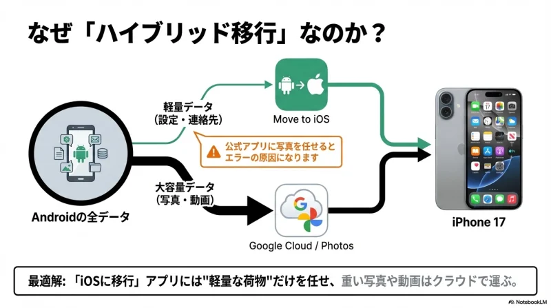 公式アプリとGoogleアカウントを併用するハイブリッド移行の図解