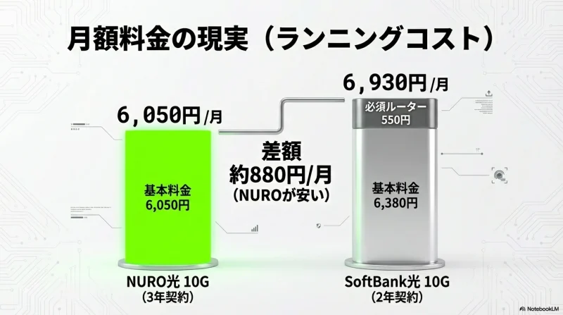 ソフトバンク光とNURO光10ギガの月額コスト比較